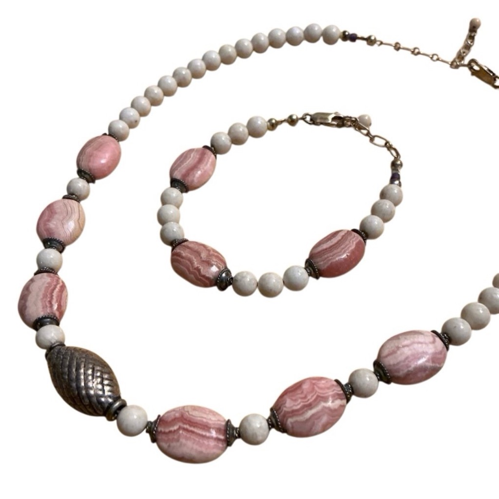 Rhodochrosite & Peppermint Opal Sterling Silver Necklace Bracelet Set 925